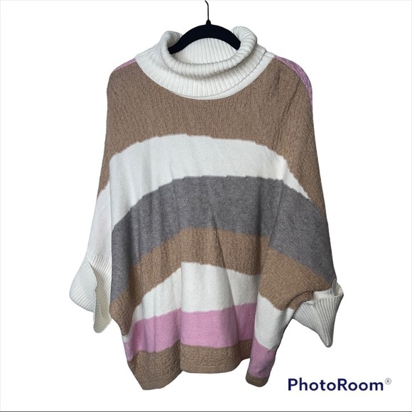 CALLAHAN KNIT Anthropologie Pastel Striped Turtleneck Poncho Sweater Small - Picture 7 of 11
